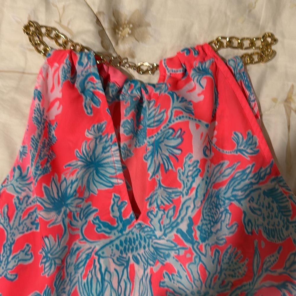 Lily Pulitzer Vibrant Coral and Blue Halter Top with Gold Chain Straps - Picture 3 of 7
